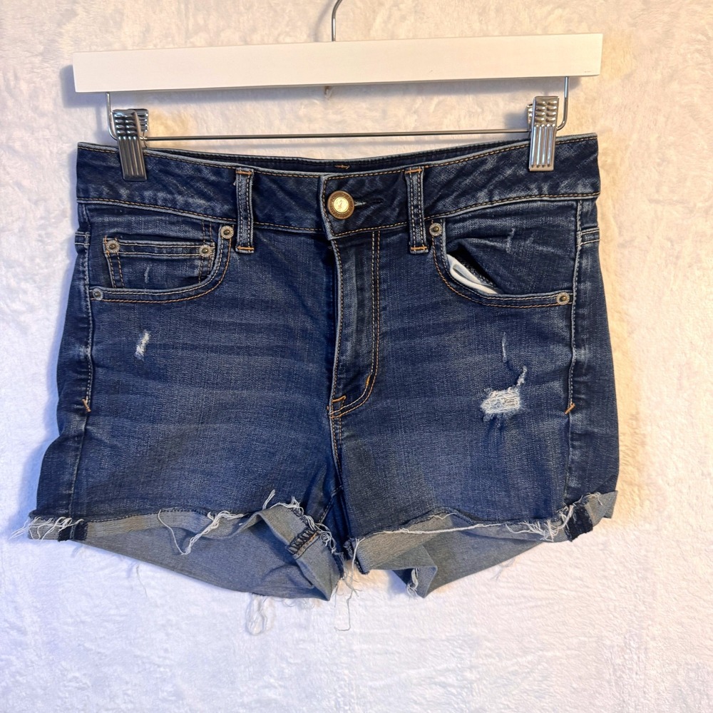 American Eagle Denim Shorts Hi-Rise Shortie Distressed 8 Blue Women
